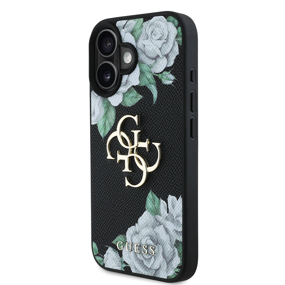 Apple iPhone 16 Kılıf Guess Orjinal Lisanslı Gül Baskılı Büyük Metal Logo Dizaynlı Kapak Mor