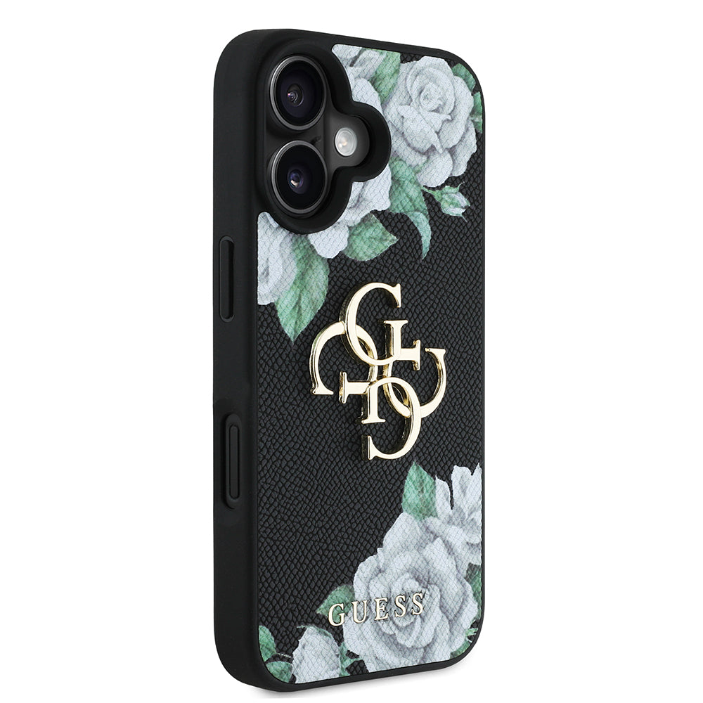Apple iPhone 16 Kılıf Guess Orjinal Lisanslı Gül Baskılı Büyük Metal Logo Dizaynlı Kapak Siyah