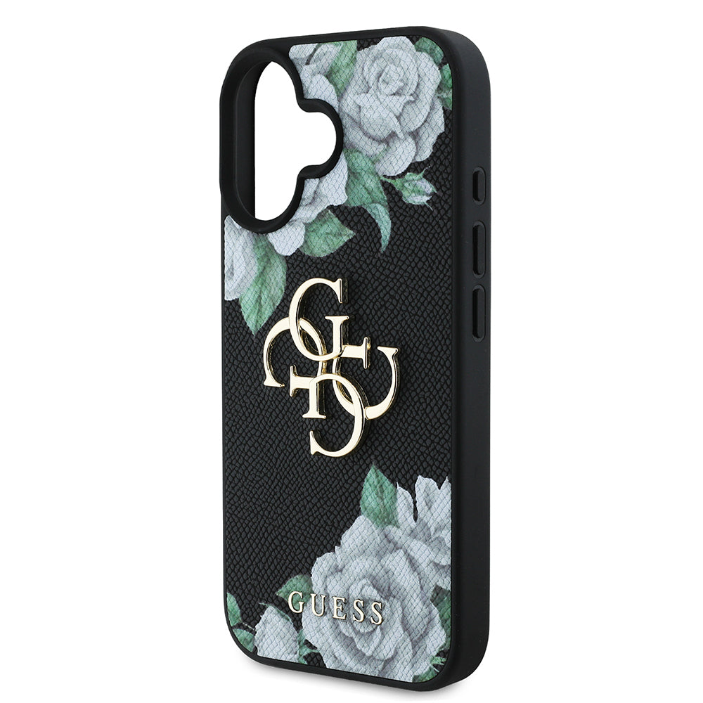 Apple iPhone 16 Kılıf Guess Orjinal Lisanslı Gül Baskılı Büyük Metal Logo Dizaynlı Kapak Pembe