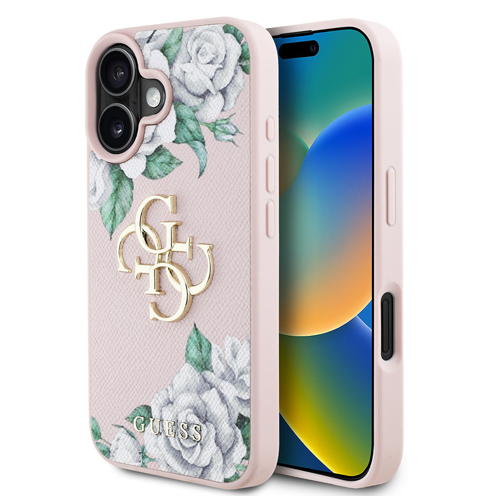 Apple iPhone 16 Kılıf Guess Orjinal Lisanslı Gül Baskılı Büyük Metal Logo Dizaynlı Kapak Mor