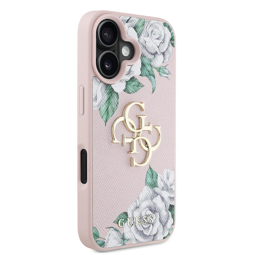 Apple iPhone 16 Kılıf Guess Orjinal Lisanslı Gül Baskılı Büyük Metal Logo Dizaynlı Kapak Mor