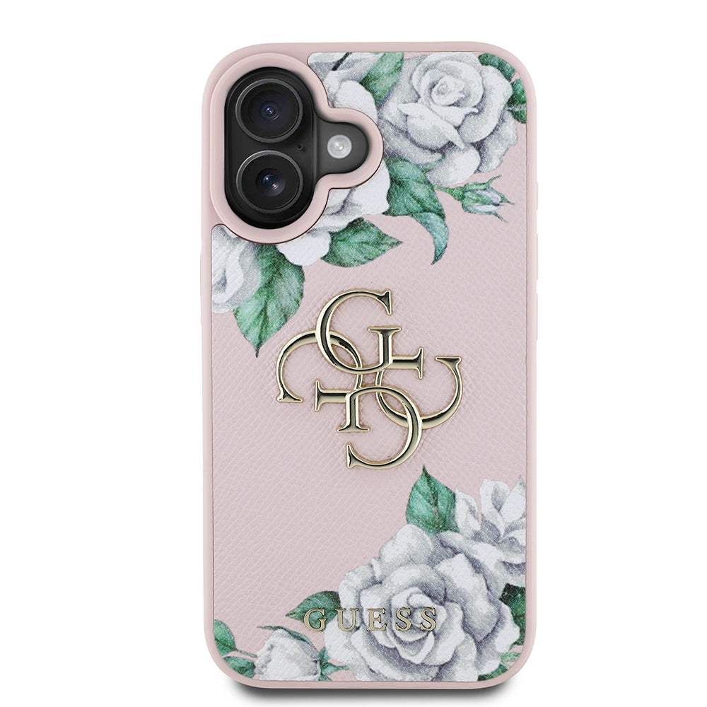 Apple iPhone 16 Kılıf Guess Orjinal Lisanslı Gül Baskılı Büyük Metal Logo Dizaynlı Kapak Pembe