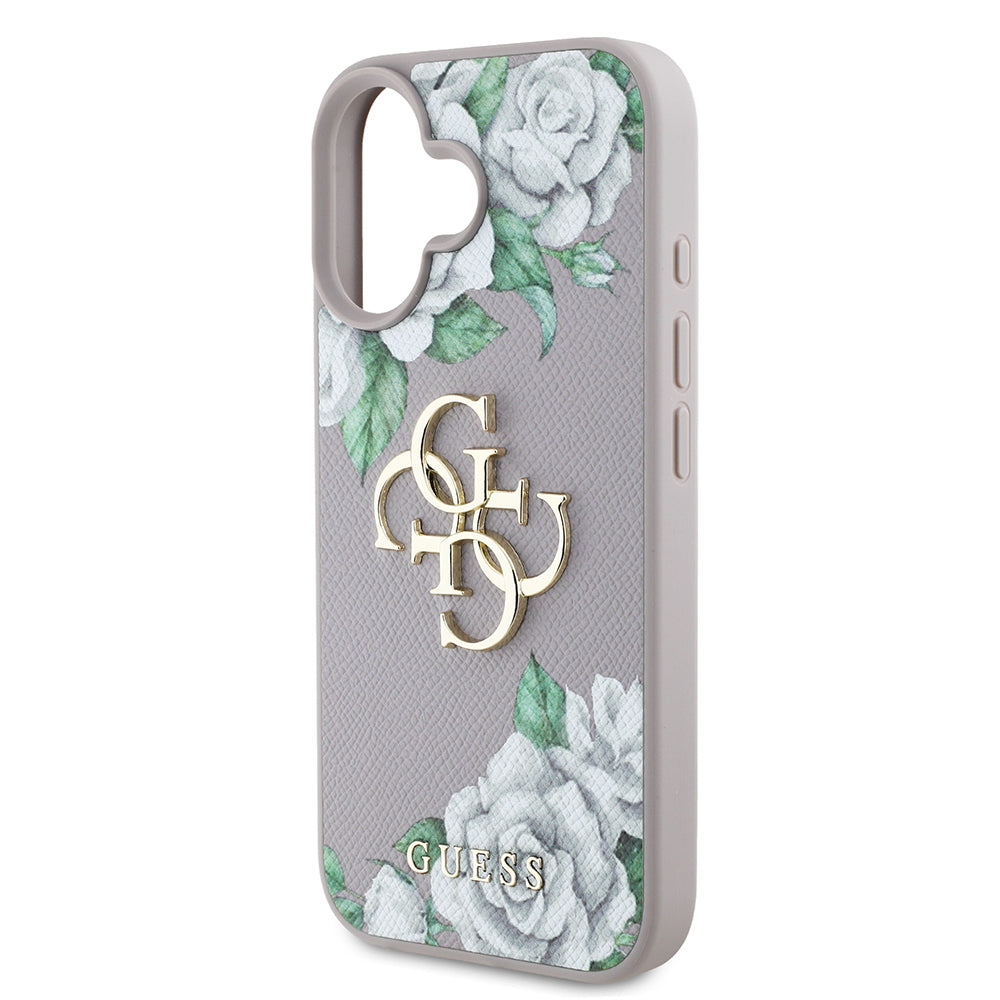 Apple iPhone 16 Kılıf Guess Orjinal Lisanslı Gül Baskılı Büyük Metal Logo Dizaynlı Kapak Pembe