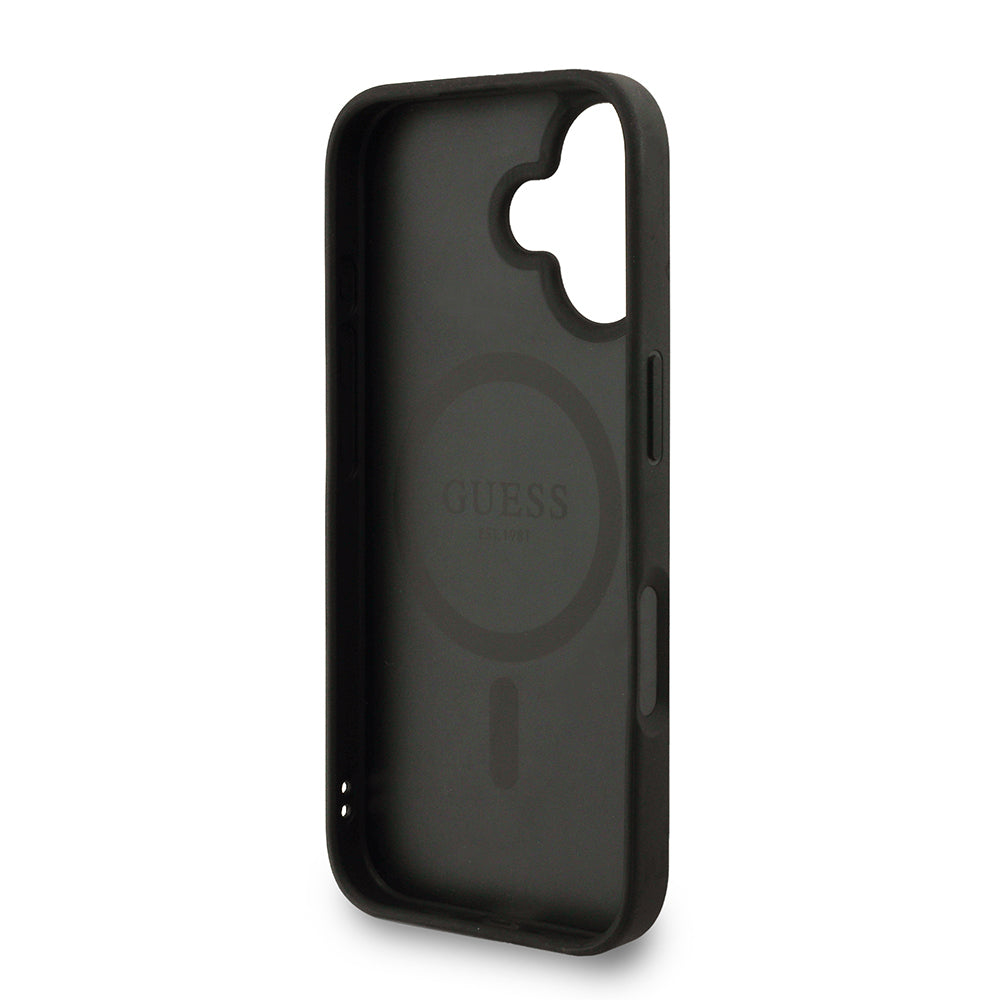 Apple iPhone 16 Kılıf Guess Orjinal Lisanslı M-safe Şarj Özellikli PU Deri Bilek Askı İpli Yazı Logolu Kapak Siyah