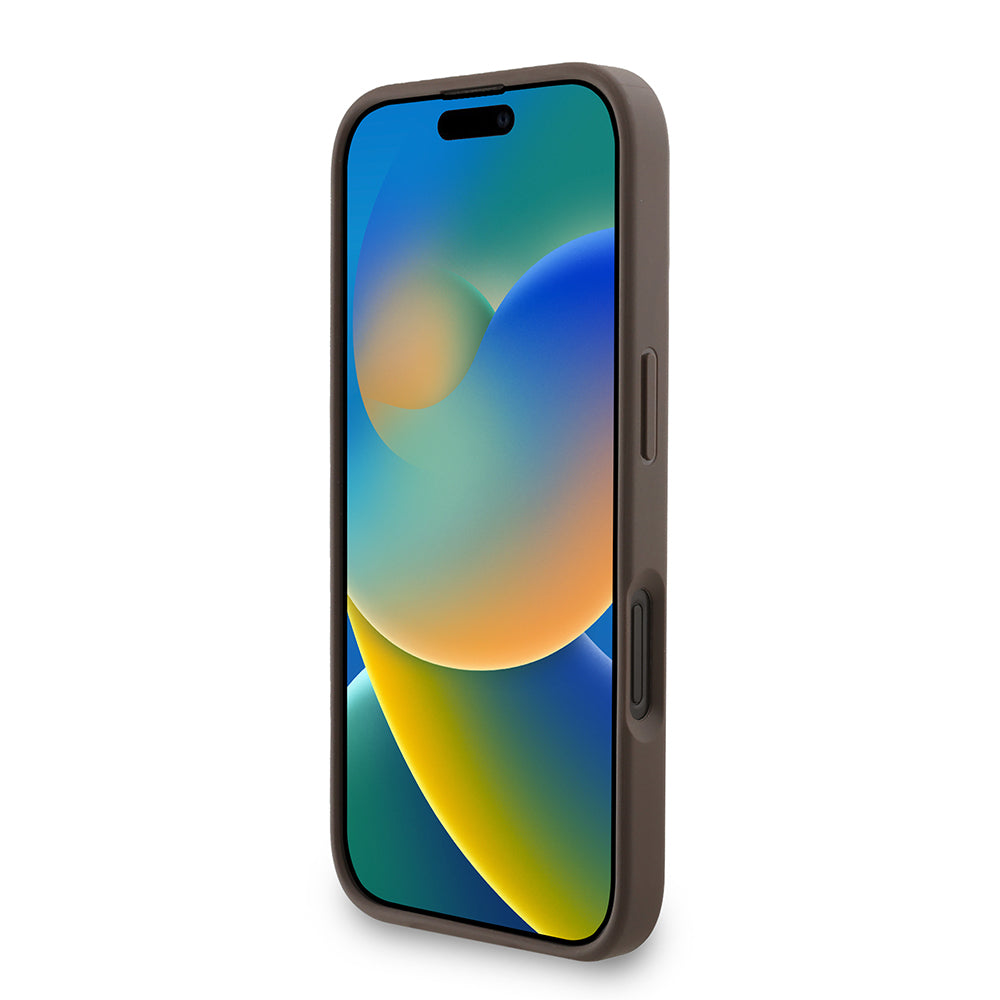 Apple iPhone 16 Kılıf Guess Orjinal Lisanslı M-safe Şarj Özellikli PU Deri Bilek Askı İpli Yazı Logolu Kapak Kahverengi