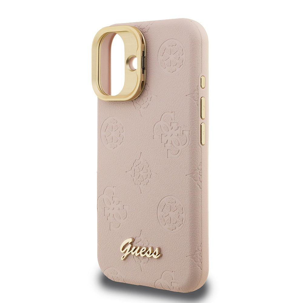 Apple iPhone 16 Kılıf Guess Orjinal Lisanslı M-safe Şarj Özellikli Sıcak Baskılı Yazı Logolu Kamera Standlı PU Deri Peony Kapak Pembe