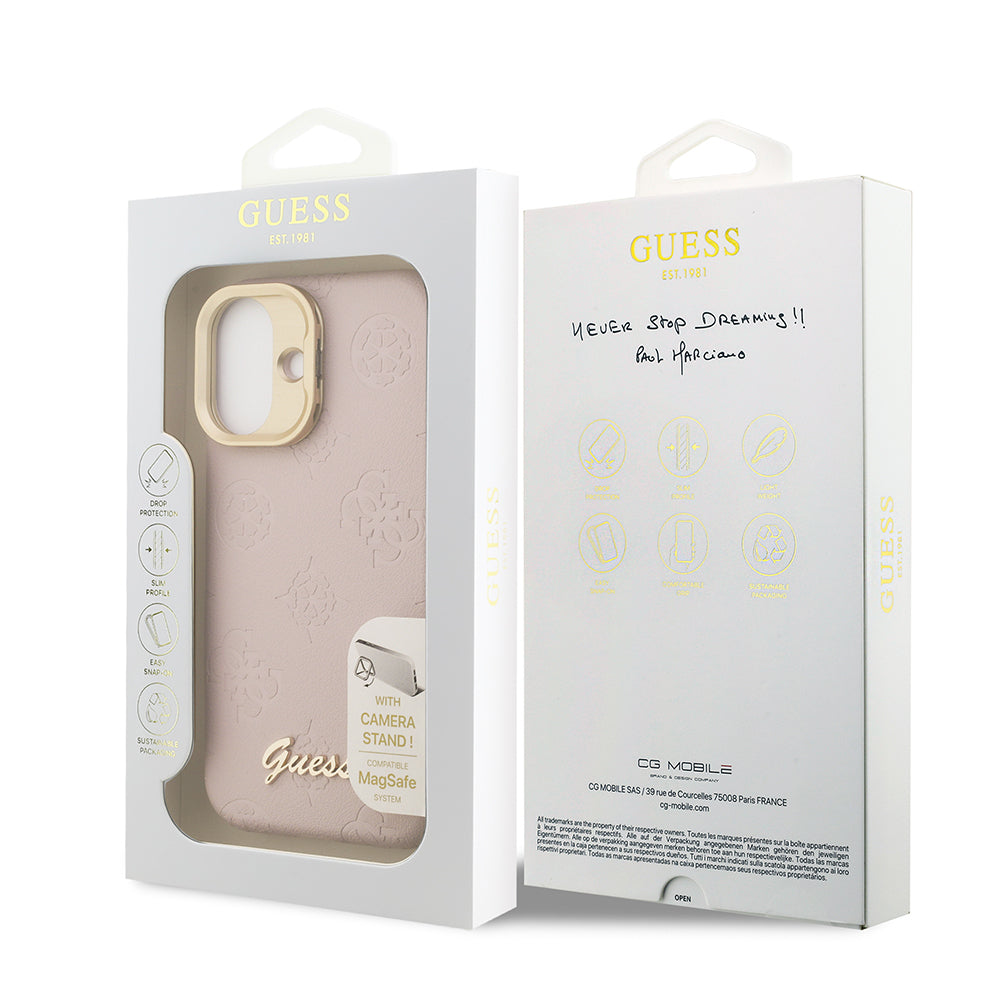 Apple iPhone 16 Kılıf Guess Orjinal Lisanslı M-safe Şarj Özellikli Sıcak Baskılı Yazı Logolu Kamera Standlı PU Deri Peony Kapak Siyah