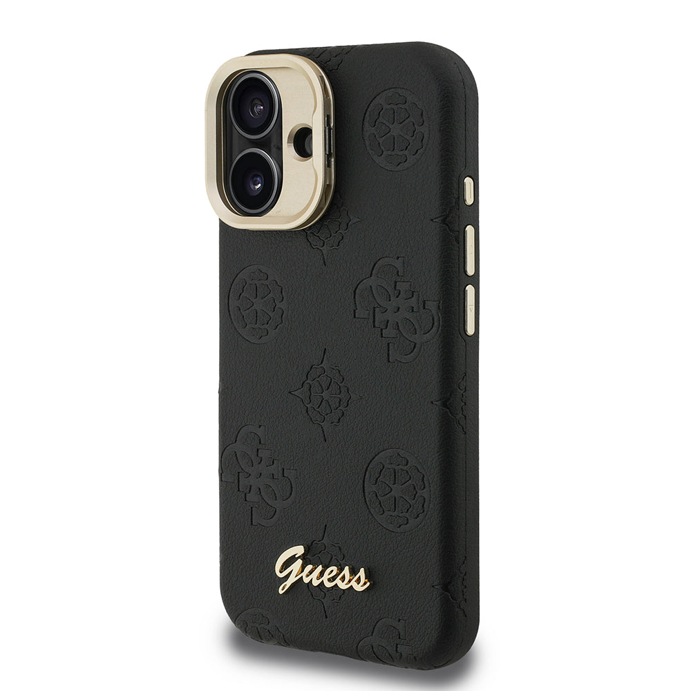 Apple iPhone 16 Kılıf Guess Orjinal Lisanslı M-safe Şarj Özellikli Sıcak Baskılı Yazı Logolu Kamera Standlı PU Deri Peony Kapak Bej