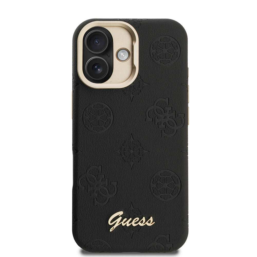 Apple iPhone 16 Kılıf Guess Orjinal Lisanslı M-safe Şarj Özellikli Sıcak Baskılı Yazı Logolu Kamera Standlı PU Deri Peony Kapak Bej