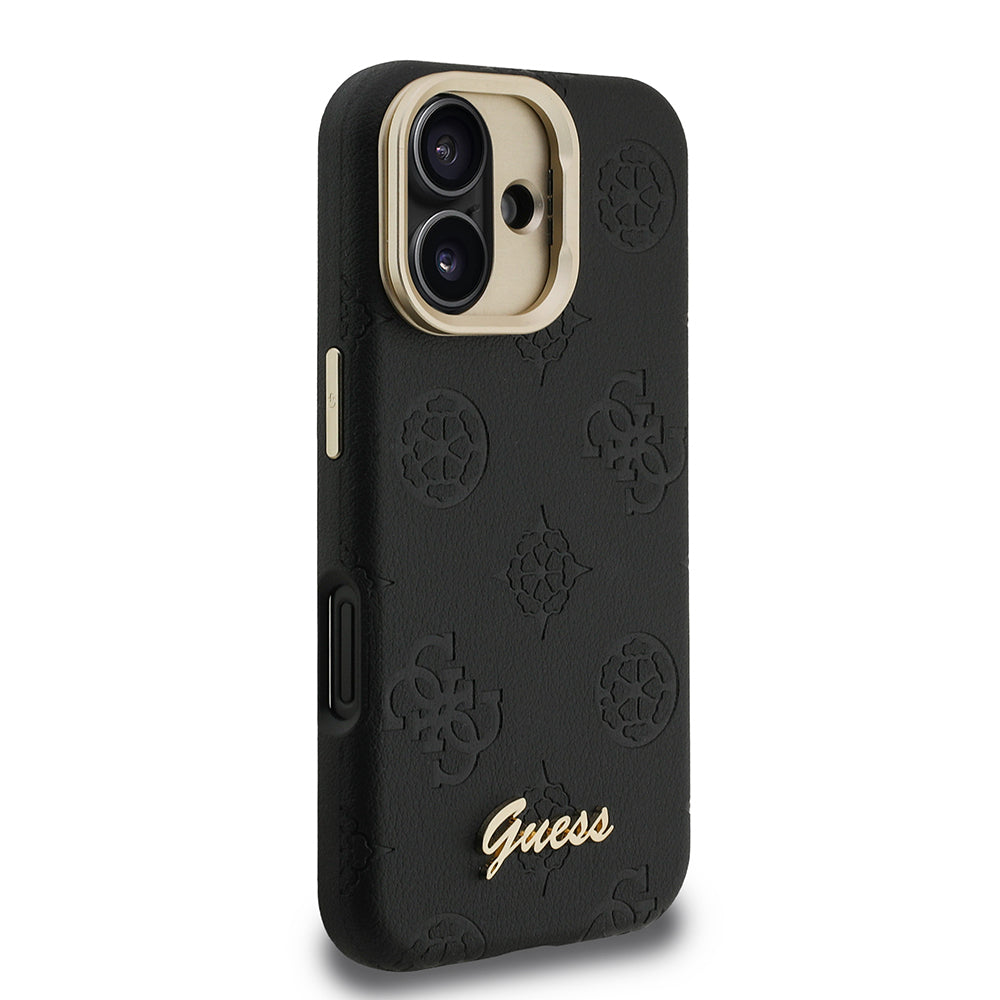 Apple iPhone 16 Kılıf Guess Orjinal Lisanslı M-safe Şarj Özellikli Sıcak Baskılı Yazı Logolu Kamera Standlı PU Deri Peony Kapak Bej