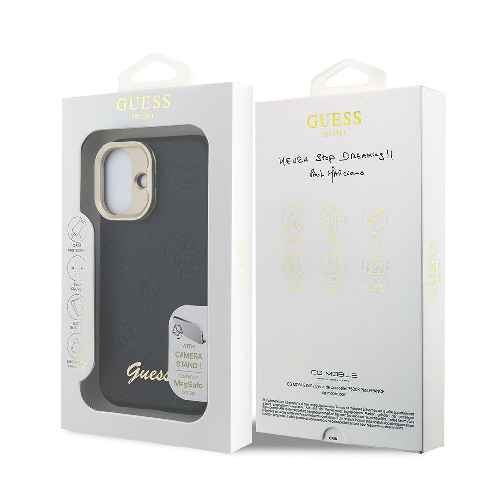 Apple iPhone 16 Kılıf Guess Orjinal Lisanslı M-safe Şarj Özellikli Sıcak Baskılı Yazı Logolu Kamera Standlı PU Deri Peony Kapak Siyah