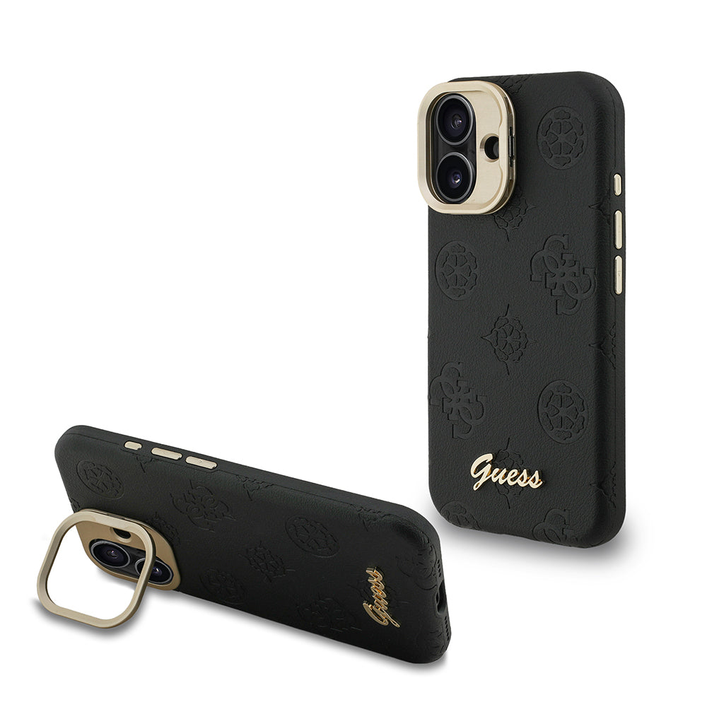 Apple iPhone 16 Kılıf Guess Orjinal Lisanslı M-safe Şarj Özellikli Sıcak Baskılı Yazı Logolu Kamera Standlı PU Deri Peony Kapak Siyah