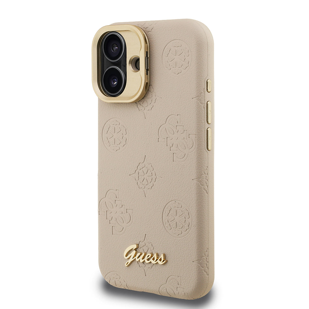 Apple iPhone 16 Kılıf Guess Orjinal Lisanslı M-safe Şarj Özellikli Sıcak Baskılı Yazı Logolu Kamera Standlı PU Deri Peony Kapak Bej