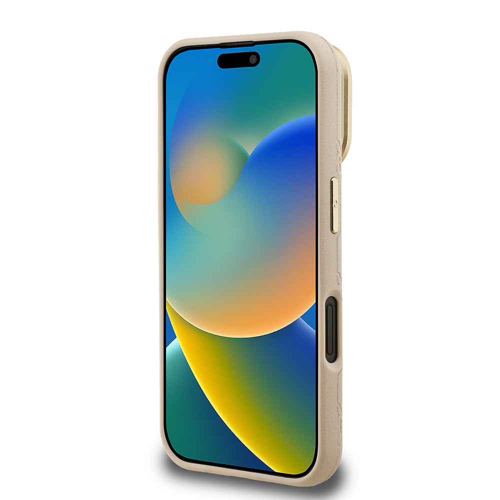 Apple iPhone 16 Kılıf Guess Orjinal Lisanslı M-safe Şarj Özellikli Sıcak Baskılı Yazı Logolu Kamera Standlı PU Deri Peony Kapak Pembe