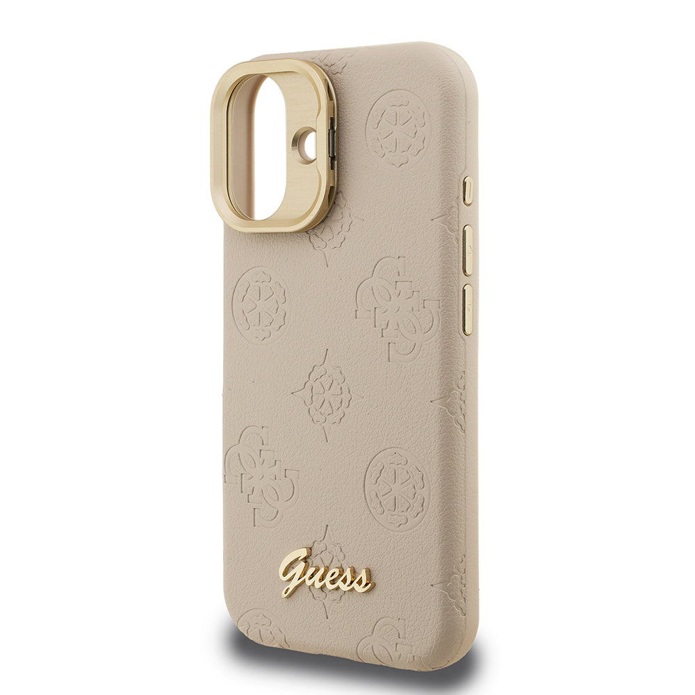 Apple iPhone 16 Kılıf Guess Orjinal Lisanslı M-safe Şarj Özellikli Sıcak Baskılı Yazı Logolu Kamera Standlı PU Deri Peony Kapak Siyah