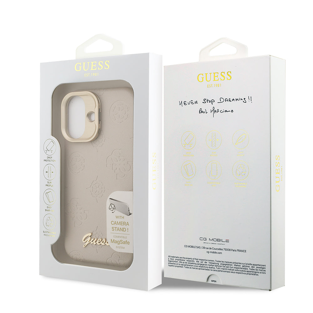 Apple iPhone 16 Kılıf Guess Orjinal Lisanslı M-safe Şarj Özellikli Sıcak Baskılı Yazı Logolu Kamera Standlı PU Deri Peony Kapak Pembe