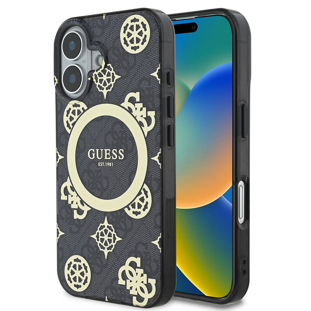 Apple iPhone 16 Kılıf Guess Orjinal Lisanslı M-safe Şarj Özellikli 4G Desenli IML Yazı Logolu Peony Kapak Siyah