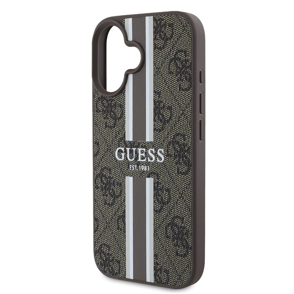 Apple iPhone 16 Kılıf Guess Orjinal Lisanslı M-safe Şarj Özellikli 4G Şerit Tasarımlı Printed Kapak Kahverengi