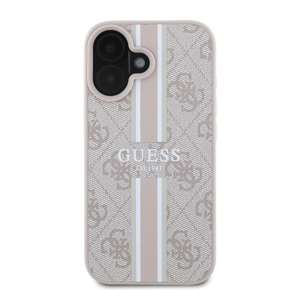 Apple iPhone 16 Kılıf Guess Orjinal Lisanslı M-safe Şarj Özellikli 4G Şerit Tasarımlı Printed Kapak Pembe