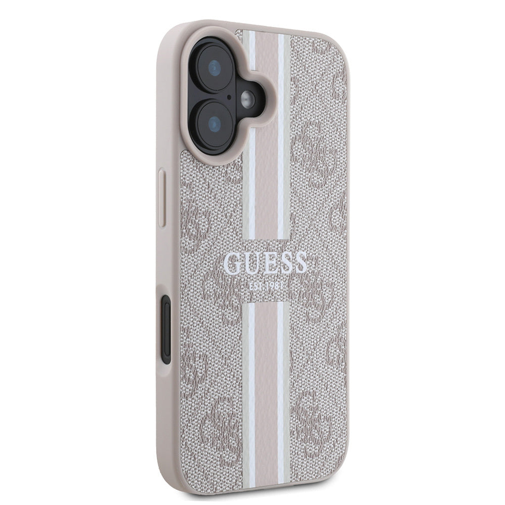 Apple iPhone 16 Kılıf Guess Orjinal Lisanslı M-safe Şarj Özellikli 4G Şerit Tasarımlı Printed Kapak Siyah