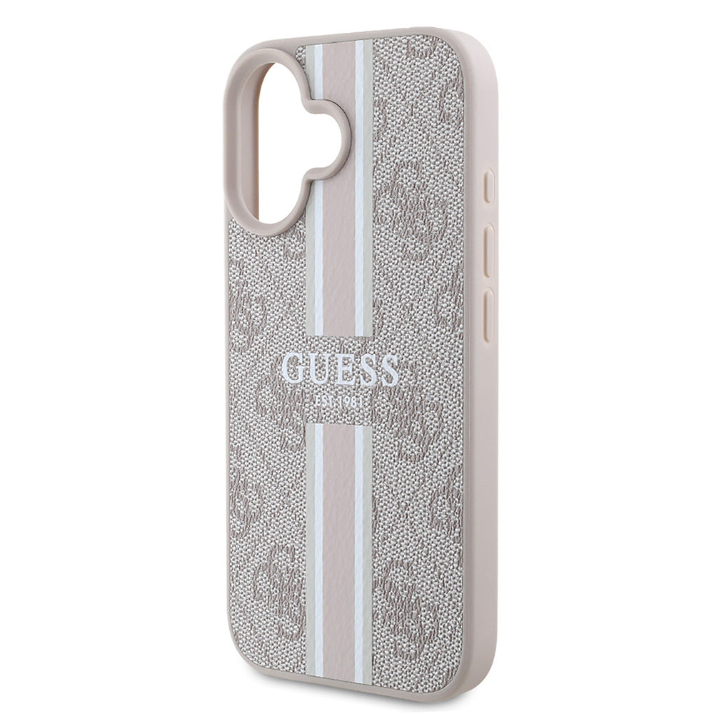 Apple iPhone 16 Kılıf Guess Orjinal Lisanslı M-safe Şarj Özellikli 4G Şerit Tasarımlı Printed Kapak Pembe