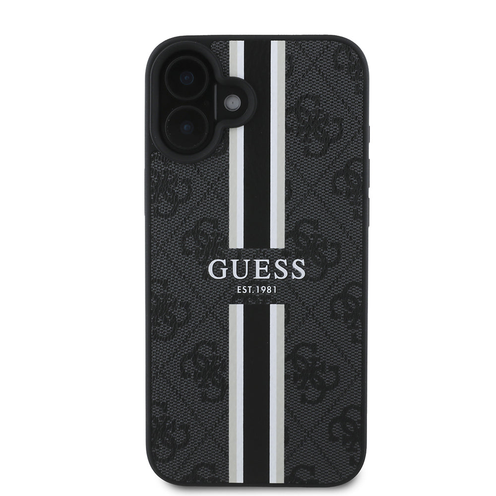 Apple iPhone 16 Kılıf Guess Orjinal Lisanslı M-safe Şarj Özellikli 4G Şerit Tasarımlı Printed Kapak Siyah