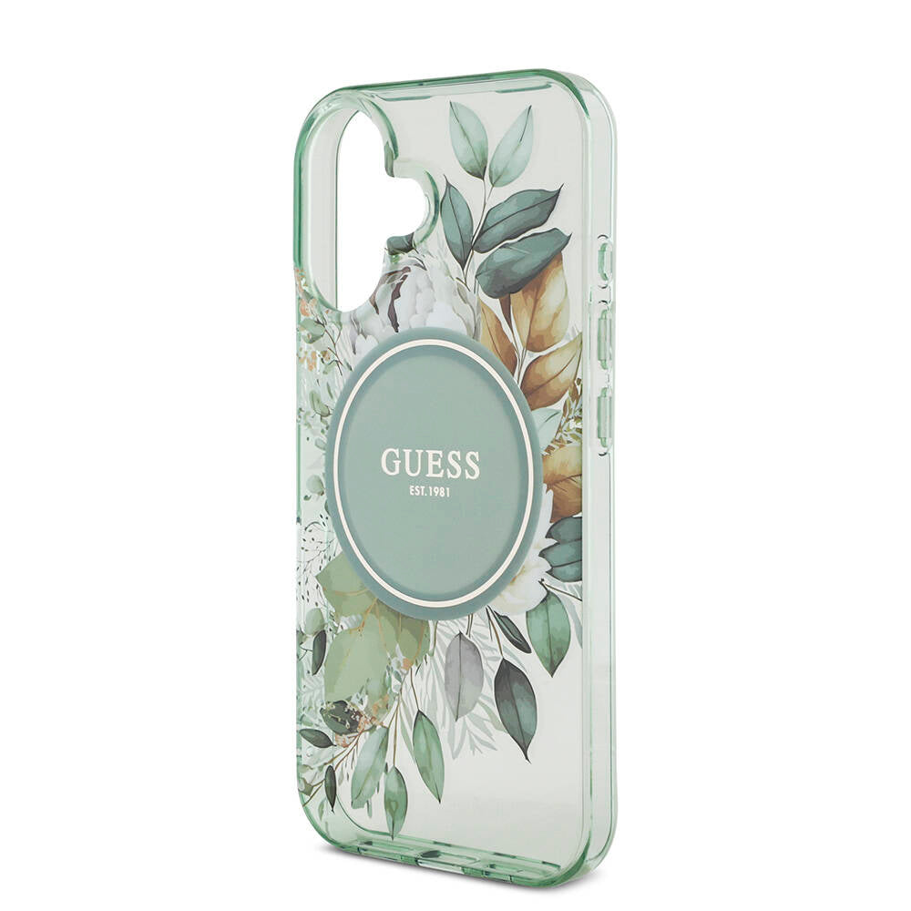 Apple iPhone 16 Kılıf Guess Orjinal Lisanslı M-safe Şarj Özellikli IML Baskılı Çiçek İnci Bileklikli Kapak Pembe