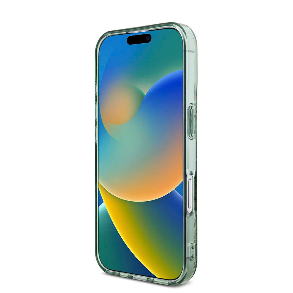 Apple iPhone 16 Kılıf Guess Orjinal Lisanslı M-safe Şarj Özellikli IML Baskılı Çiçek İnci Bileklikli Kapak Yeşil
