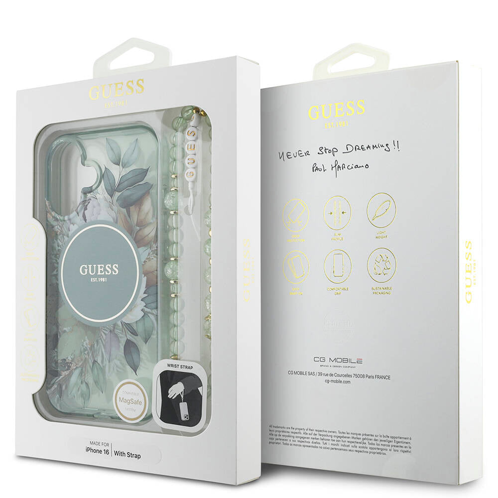 Apple iPhone 16 Kılıf Guess Orjinal Lisanslı M-safe Şarj Özellikli IML Baskılı Çiçek İnci Bileklikli Kapak Mor