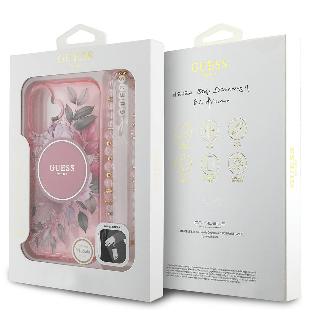 Apple iPhone 16 Kılıf Guess Orjinal Lisanslı M-safe Şarj Özellikli IML Baskılı Çiçek İnci Bileklikli Kapak Pembe
