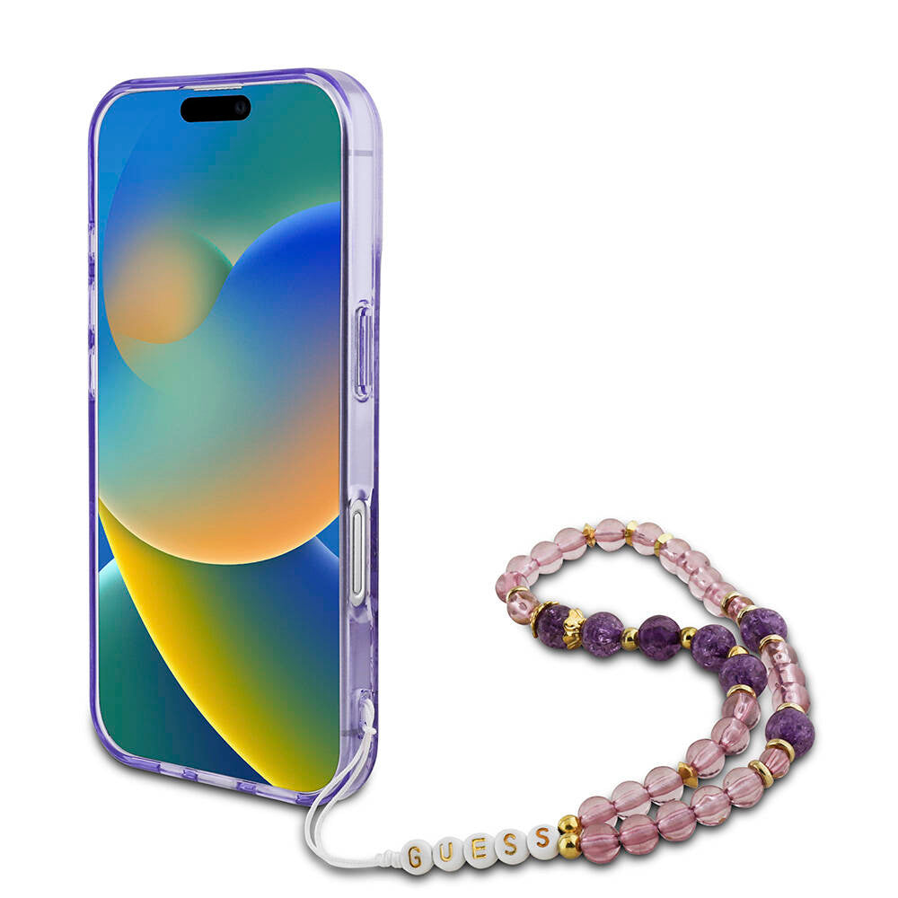 Apple iPhone 16 Kılıf Guess Orjinal Lisanslı M-safe Şarj Özellikli IML Baskılı Çiçek İnci Bileklikli Kapak Mor