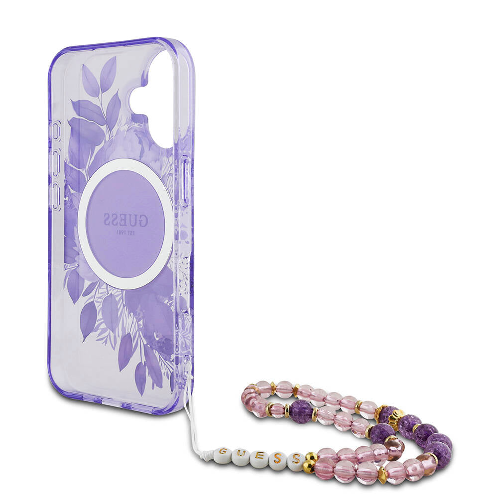 Apple iPhone 16 Kılıf Guess Orjinal Lisanslı M-safe Şarj Özellikli IML Baskılı Çiçek İnci Bileklikli Kapak Yeşil