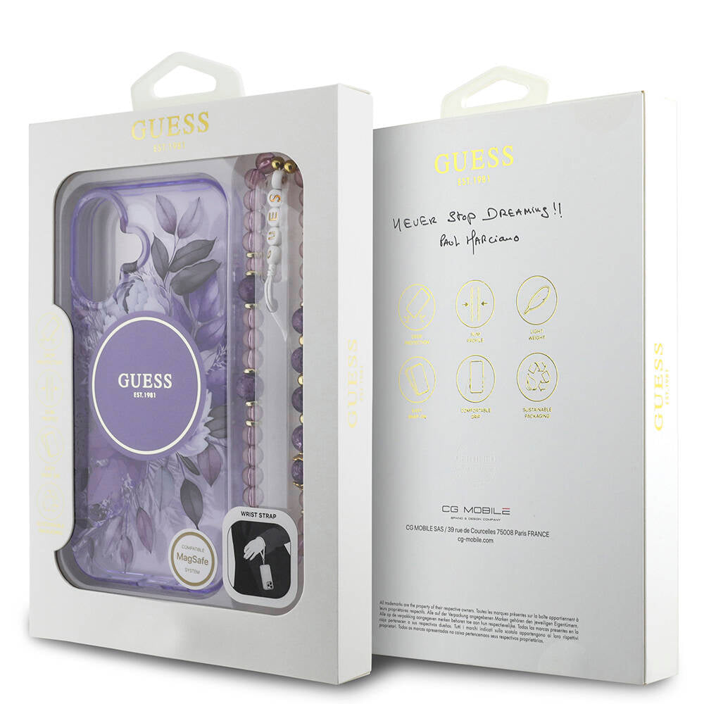 Apple iPhone 16 Kılıf Guess Orjinal Lisanslı M-safe Şarj Özellikli IML Baskılı Çiçek İnci Bileklikli Kapak Pembe