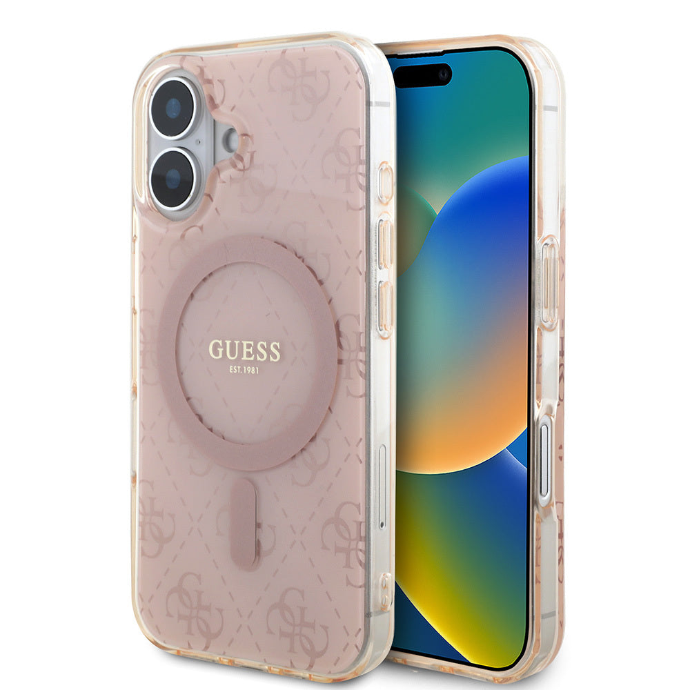 Apple iPhone 16 Kılıf Guess Orjinal Lisanslı M-safe Şarj Özellikli IML Baskılı Klasik Logolu 4G Desenli Kapak Pembe