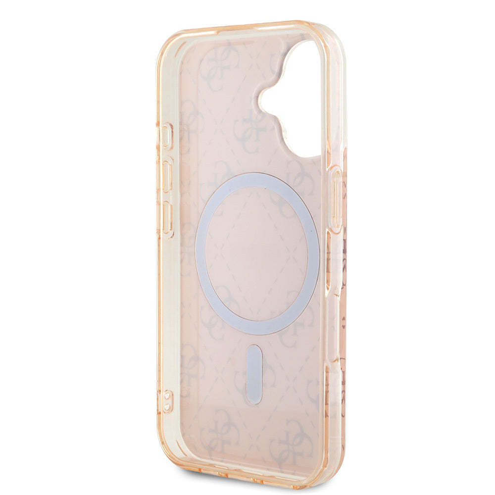 Apple iPhone 16 Kılıf Guess Orjinal Lisanslı M-safe Şarj Özellikli IML Baskılı Klasik Logolu 4G Desenli Kapak Kahverengi