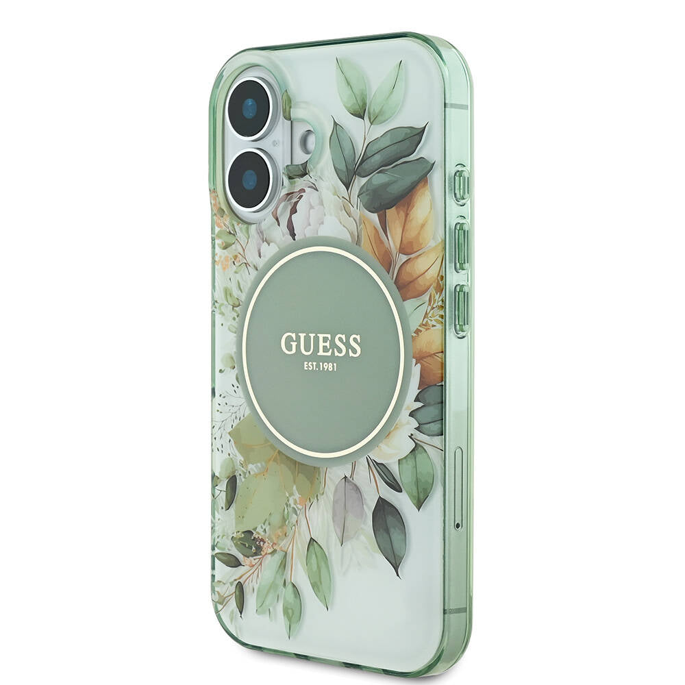 Apple iPhone 16 Kılıf Guess Orjinal Lisanslı M-safe Şarj Özellikli IML Baskılı Yazı Logolu Flower Tonal Circle Kapak Yeşil