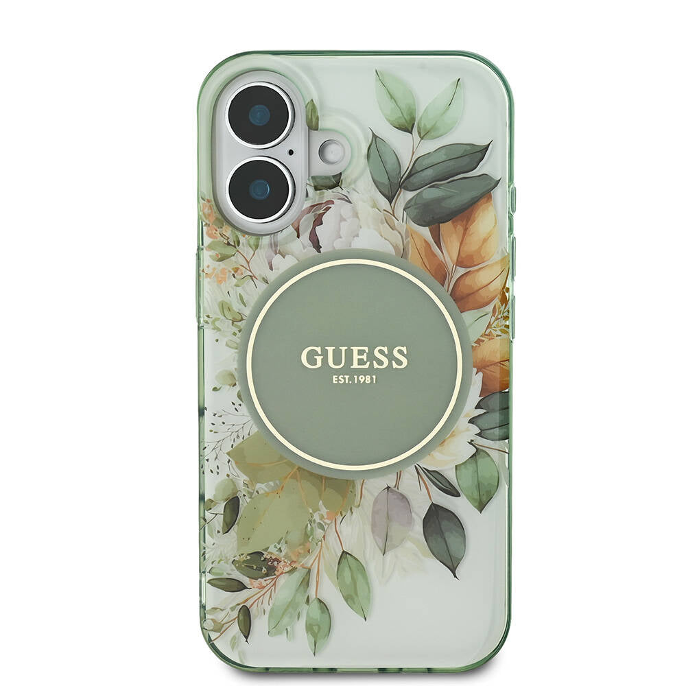 Apple iPhone 16 Kılıf Guess Orjinal Lisanslı M-safe Şarj Özellikli IML Baskılı Yazı Logolu Flower Tonal Circle Kapak Yeşil