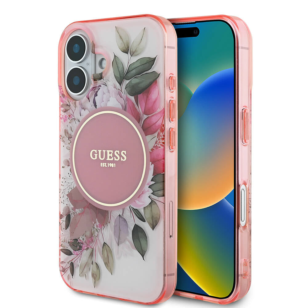Apple iPhone 16 Kılıf Guess Orjinal Lisanslı M-safe Şarj Özellikli IML Baskılı Yazı Logolu Flower Tonal Circle Kapak Pembe