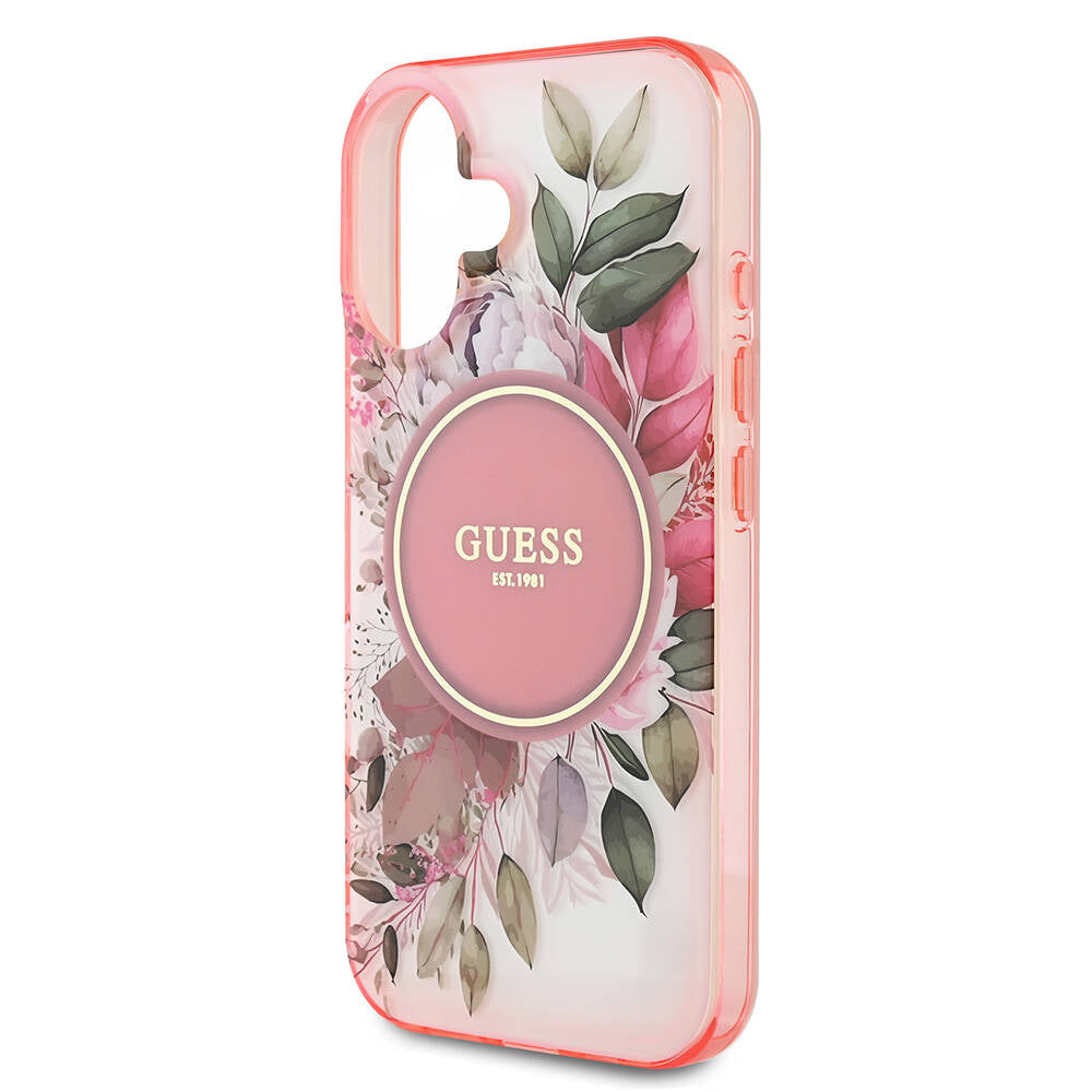 Apple iPhone 16 Kılıf Guess Orjinal Lisanslı M-safe Şarj Özellikli IML Baskılı Yazı Logolu Flower Tonal Circle Kapak Yeşil