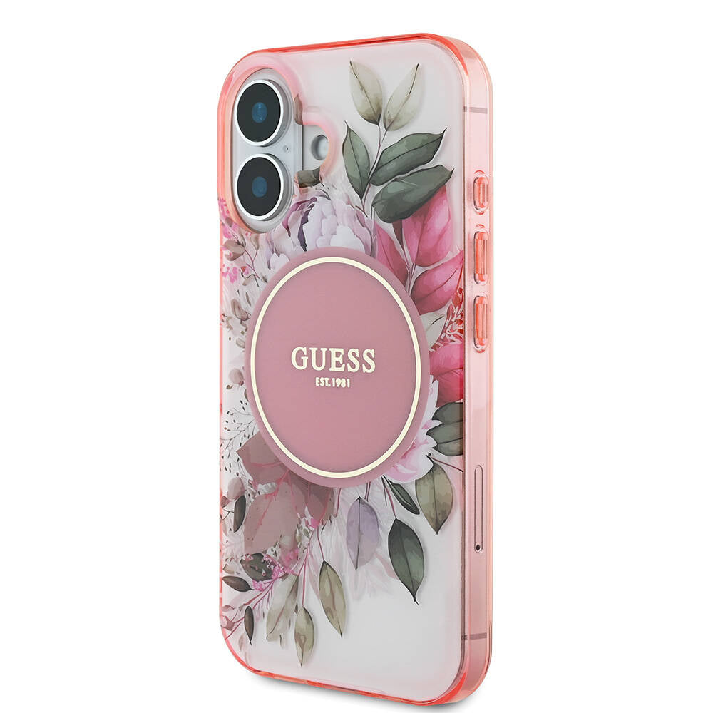 Apple iPhone 16 Kılıf Guess Orjinal Lisanslı M-safe Şarj Özellikli IML Baskılı Yazı Logolu Flower Tonal Circle Kapak Yeşil