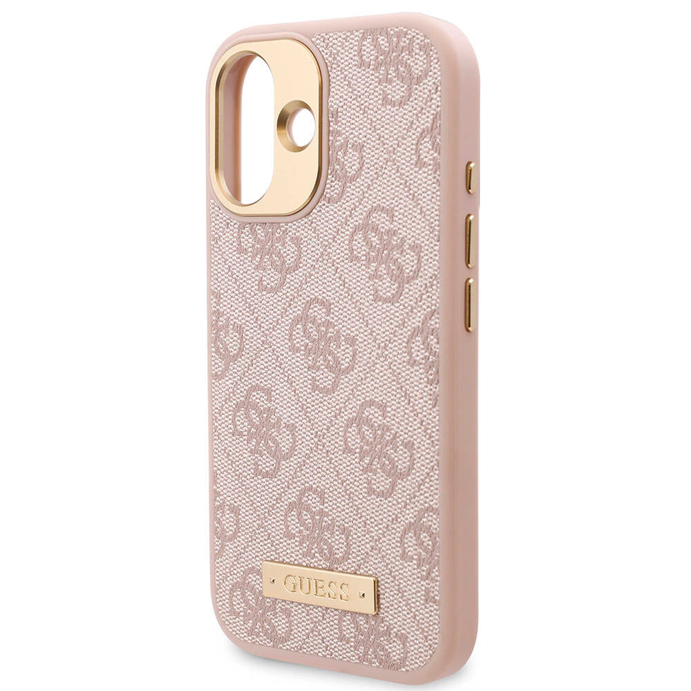 Apple iPhone 16 Kılıf Guess Orjinal Lisanslı M-safe Şarj Özellikli PU 4G Desenli Metal Plaka Klasik Logolu Kapak Pembe