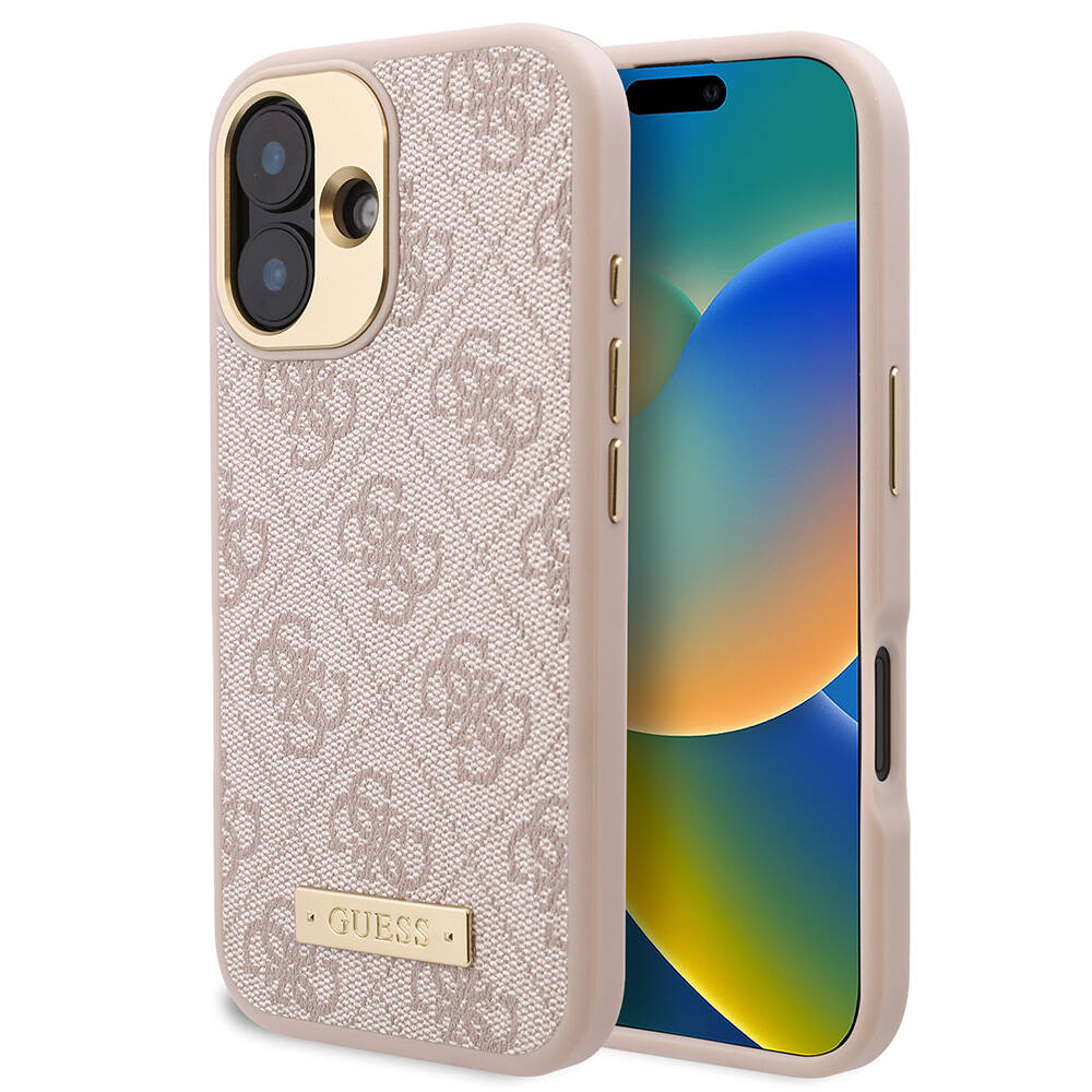 Apple iPhone 16 Kılıf Guess Orjinal Lisanslı M-safe Şarj Özellikli PU 4G Desenli Metal Plaka Klasik Logolu Kapak Siyah