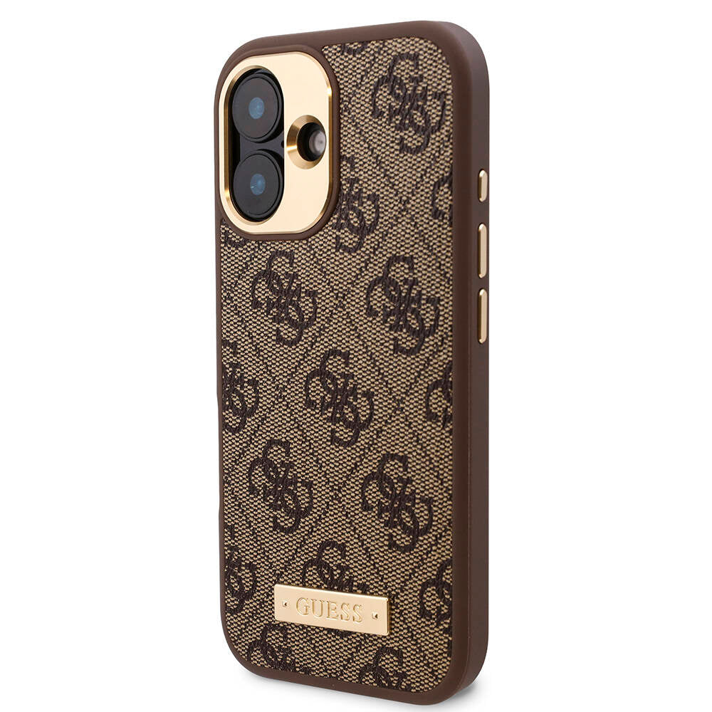 Apple iPhone 16 Kılıf Guess Orjinal Lisanslı M-safe Şarj Özellikli PU 4G Desenli Metal Plaka Klasik Logolu Kapak Kahverengi