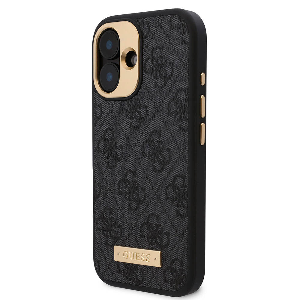 Apple iPhone 16 Kılıf Guess Orjinal Lisanslı M-safe Şarj Özellikli PU 4G Desenli Metal Plaka Klasik Logolu Kapak Pembe