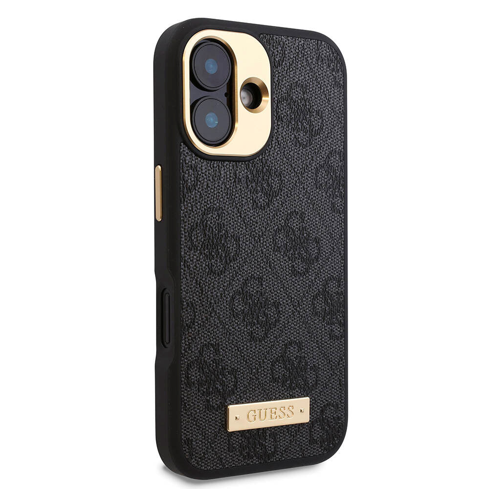 Apple iPhone 16 Kılıf Guess Orjinal Lisanslı M-safe Şarj Özellikli PU 4G Desenli Metal Plaka Klasik Logolu Kapak Pembe