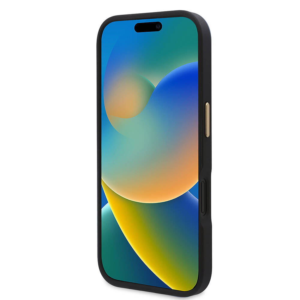 Apple iPhone 16 Kılıf Guess Orjinal Lisanslı M-safe Şarj Özellikli PU 4G Desenli Metal Plaka Klasik Logolu Kapak Siyah