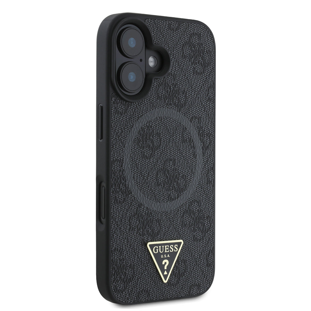 Apple iPhone 16 Kılıf Guess Orjinal Lisanslı M-safe Şarj Özellikli PU Üçgen Logo 4G Desenli Kapak Kahverengi