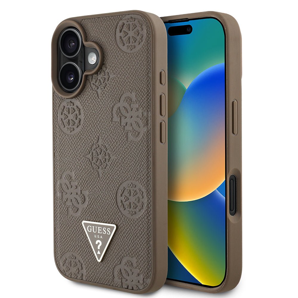 Apple iPhone 16 Kılıf Guess Orjinal Lisanslı M-safe Şarj Özellikli Sıcak Baskılı Üçgen Logolu PU Deri Peony Kapak Siyah