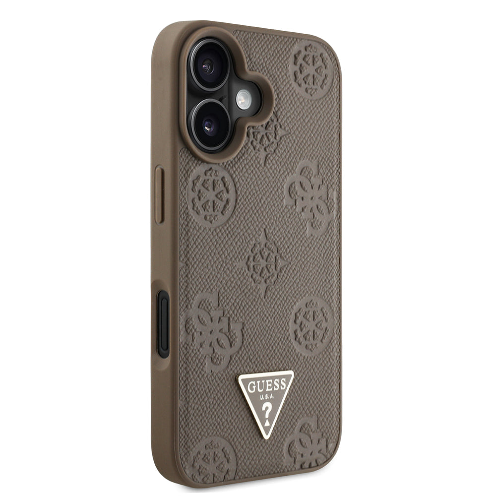 Apple iPhone 16 Kılıf Guess Orjinal Lisanslı M-safe Şarj Özellikli Sıcak Baskılı Üçgen Logolu PU Deri Peony Kapak Siyah