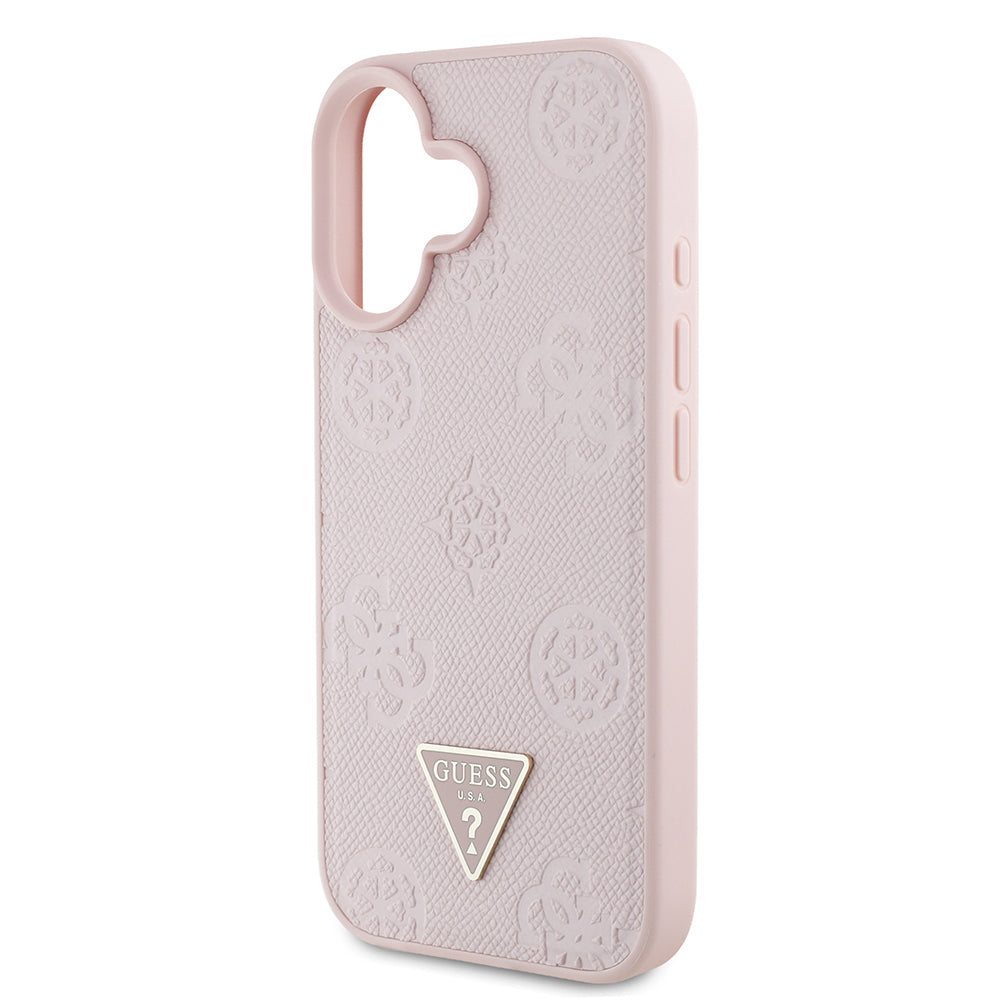 Apple iPhone 16 Kılıf Guess Orjinal Lisanslı M-safe Şarj Özellikli Sıcak Baskılı Üçgen Logolu PU Deri Peony Kapak Pembe
